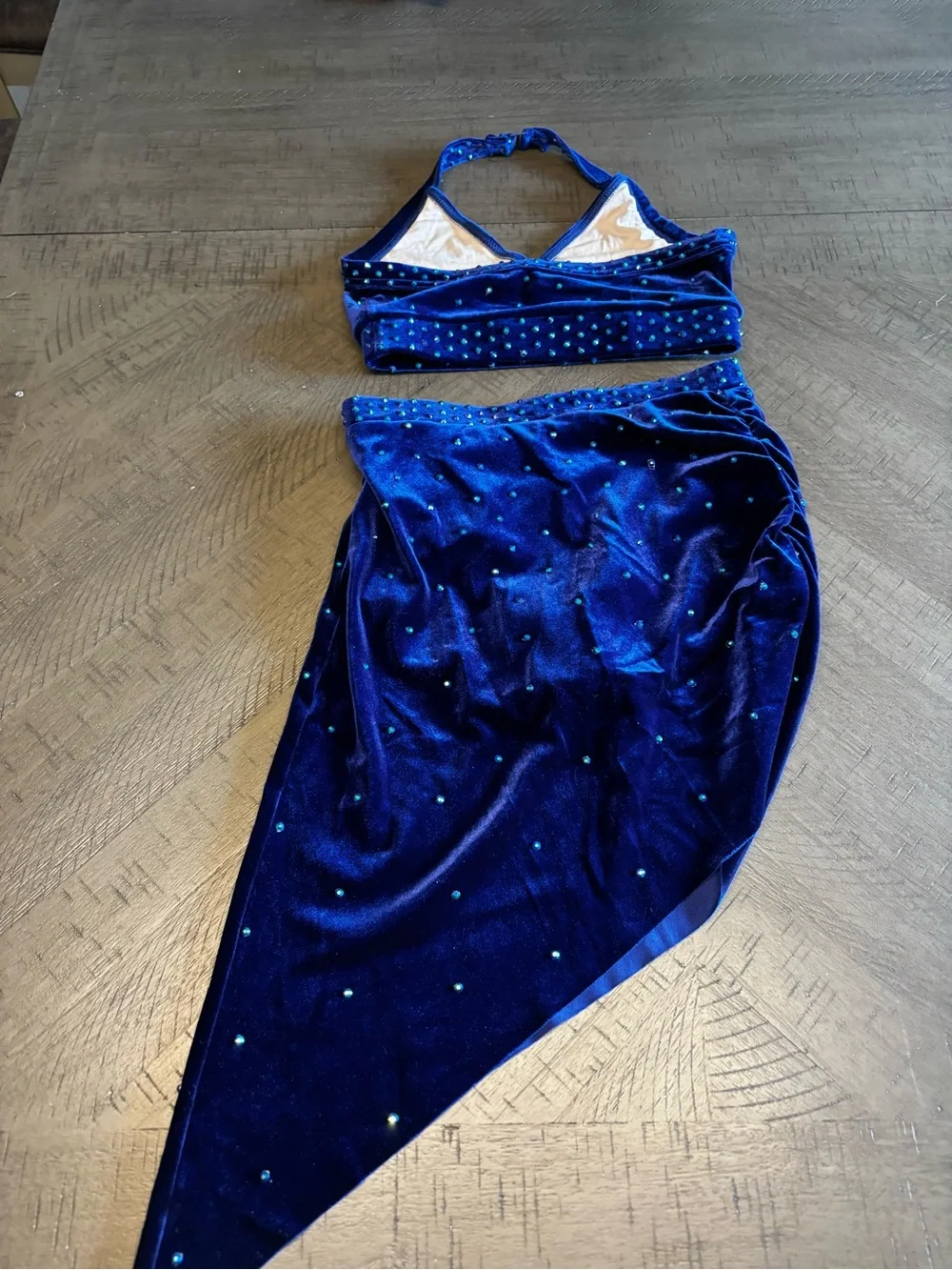 Weissman Blue Velvet Two-Piece Set with Teal Embellishments costume